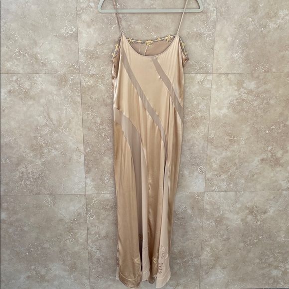 La Perla Made in Italy Long Gold Silk Slip Gown Lace & Floral Embroidery Dress M - Picture 3 of 13